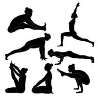 Set of vector isolated silhouette illustrations of a fit young lady practising yoga and exercising for a healthy lifestyle on a white backdrop for graphic t-shirt, icon, web, poster, and print.