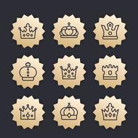 iconos de línea de coronas, conjunto de insignias vectoriales, realeza, rey, monarca, soberano, corona princesa