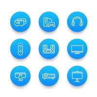home entertainment system linear blue icons set, virtual reality glasses, multimedia projector, 3d, audio speakers, game console vector
