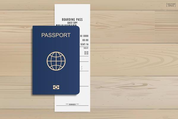 Passport and boarding pass ticket on wood background. Vector.