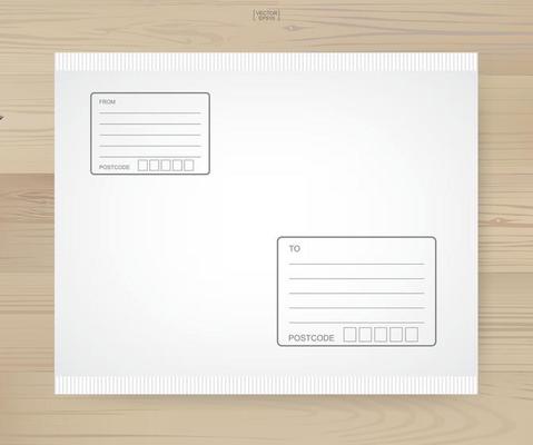 Shipping parcel tied with area for write address on wood background. Vector.