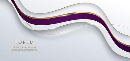 fondo blanco 3d abstracto con cinta violeta líneas doradas chispas onduladas curvas con espacio de copia para texto. diseño de plantilla de estilo de lujo. vector