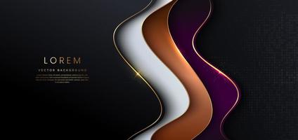 plantilla 3d de lujo elegante blanco, marrón, púrpura, decoración de capa de forma curva líneas doradas y brillo sobre fondo negro. vector