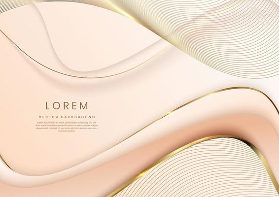 Abstract 3d template soft pink background with gold lines curved wavy sparking with copy space for text.