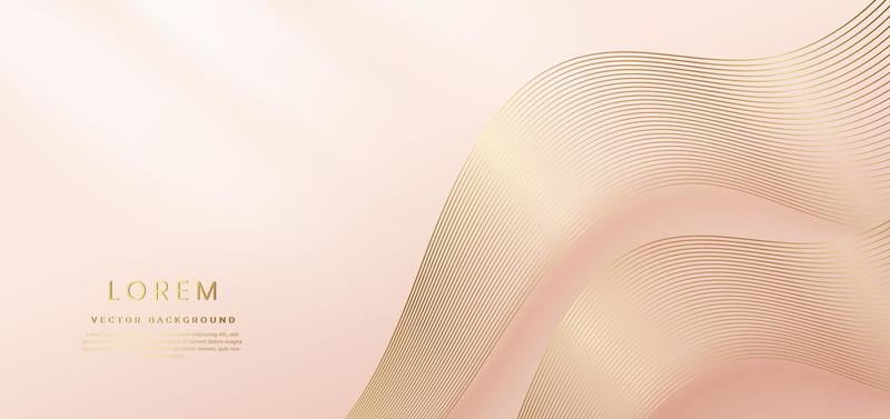 Abstract gold curved lines elegant on pastel soft pink background with copy space for text. Luxury 3d concept.