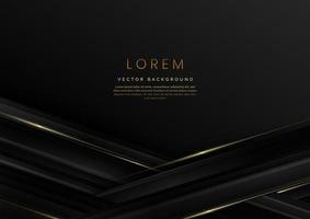 Abstract 3D grey and black luxury geometric diagonal overlapping shiny black background with lines golden glowing with copy space for text. vector