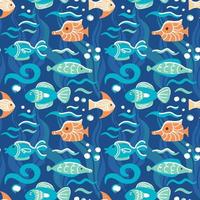 Colorful small fish swimming on the seabed surrounded by algae and bubbles seamless pattern