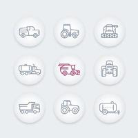 conjunto de iconos de línea de maquinaria agrícola, tractor, cosechadora, cosechadora de granos, camión, camioneta vector