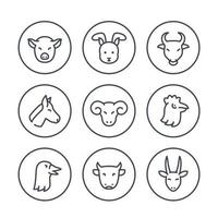 Farm animals line icons in circles vector