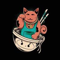 gato afortunado con fideos para el diseño e impresión de camisetas vector