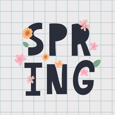 Hello Spring hand logotype, badge typography icon. Lettering spring season with leaf for greeting card, invitation template. Retro, vintage lettering banner poster template background, Sale, offer