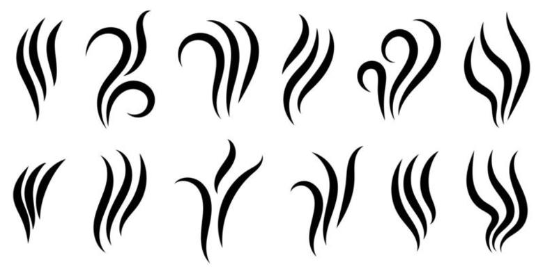 Aromas vaporize icons. Smells linear icon set, hot aroma, stink or cooking steam symbols, smelling or vapor, smoking or odors signs isolated on white.