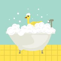 Bathtime with soap foam and yellow rubber duck. Bath with foam and toy duck, bubble water foam. Bathroom. vector