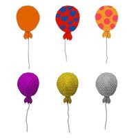 Colorful set of hand drawn balloons isolated on white background. Gold, violet, orange, silver, purple, red with hearts, yellow with grunge polka dot air balloon. vector