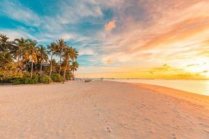 Island palm tree sea sand beach. Panoramic beach landscape. Inspire tropical beach seascape horizon. Orange and golden sunset sky calmness tranquil relaxing summer mood. Vacation travel holiday banner photo