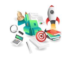 Concept isometric illustration. Battery warning in caseFlat isometric illustration concept. bag with school tools vector