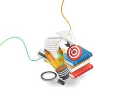 Flat isometric illustration concept. creative books and back to school tools vector