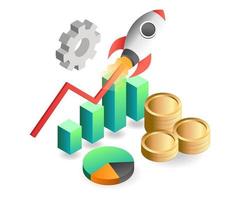 Flat isometric concept illustration. rocket launch analysis with money vector