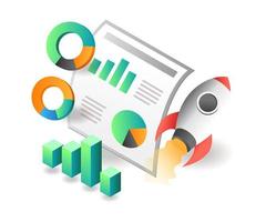 ilustración de concepto isométrico plano. análisis de datos comerciales de lanzamiento de cohetes vector
