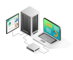Flat isometric concept illustration. laptop analysis data connection with central server vector