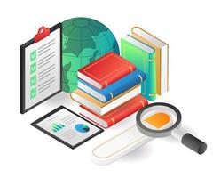 Flat isometric illustration concept. search the contents of book information on the internet vector