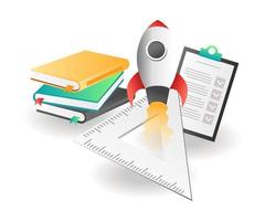 Flat isometric concept illustration. the rocket launches from the top of the ruler back to school vector