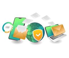 Flat isometric concept illustration. security of the process of sending smartphone emails to computers vector