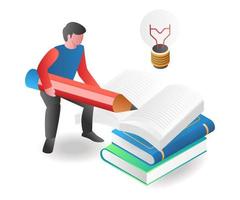 Flat isometric illustration concept. man pouring ideas on book vector