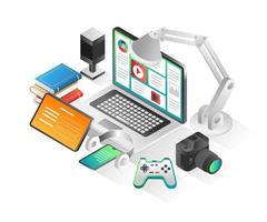 Flat isometric concept illustration. work computers for gamer content creators vector