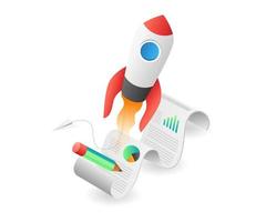 Flat isometric concept illustration. rocket launches from roll of analyst data paper vector