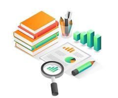 Flat isometric concept illustration. pile of books and business data analysis vector