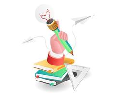 Flat isometric concept illustration. hold the idea light pencil above the book vector