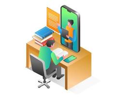 Flat isometric concept illustration. student is studying online with smartphone vector