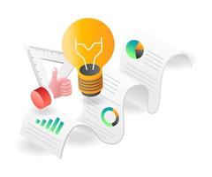 Flat isometric concept illustration. idea lamp on paper roll of investment business analysis data vector