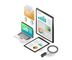 Flat isometric concept illustration. analysis send and receive data vector