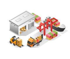 Concept of isometric illustration. cargo of land sea route vector