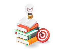 Flat isometric illustration concept. pile of books and ideas for targets vector