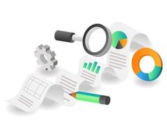 Flat isometric concept illustration. data analysis paper with magnifying glass vector