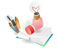 Flat isometric concept illustration. hand on book holding idea lamp vector