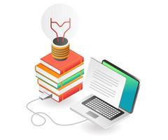 Flat isometric concept illustration. connect information from books to computer vector