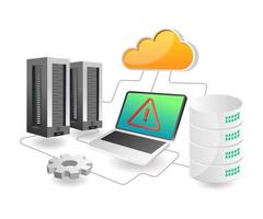 Flat isometric concept illustration. cloud server security issue warning vector