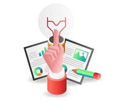 Flat isometric concept illustration. hand pointing idea lamp vector