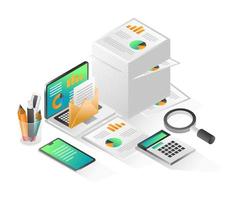 Flat isometric concept illustration. business enterprise data analysis paper stack vector