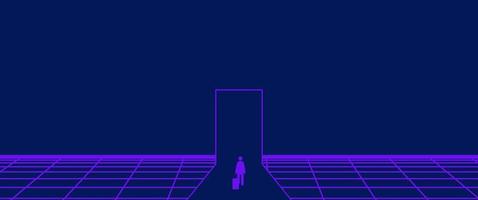 Businessman Start and Steps into Future Door. Moving Forward to New Technology, Blockchain and the Next Layer of the Internet Concepts. Futuristic Tone vector