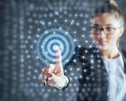 Modern technologies, Internet and network concept - man, presses the button on the virtual screen photo