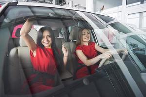 Enjoying travel. Beautiful young girl twins sitting on the front passenger seats and smiling while posing on camera photo