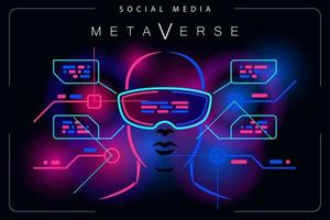 Metaverse human in VR glasses Virtual reality light effect background vector
