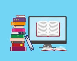 Stack of books and computer screen vector