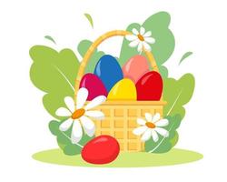 Basket with Easter eggs and flowers. vector