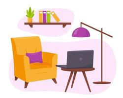 Yellow armchair, table with laptop end lamp. vector